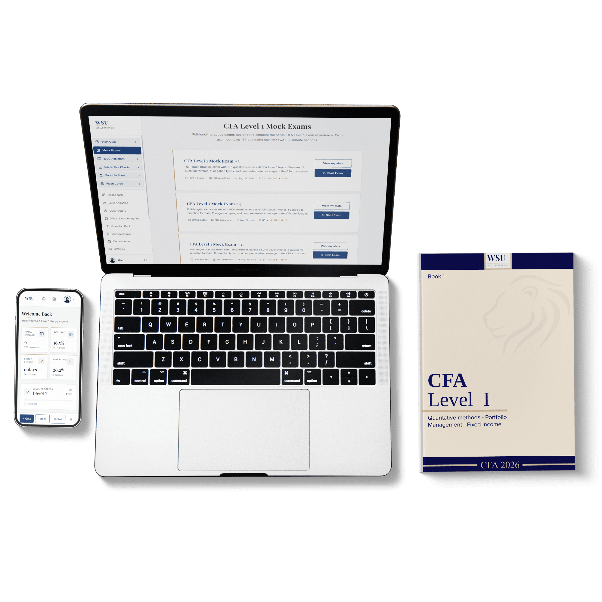Wall Street Uni shown on a laptop and a phone beside a printed book