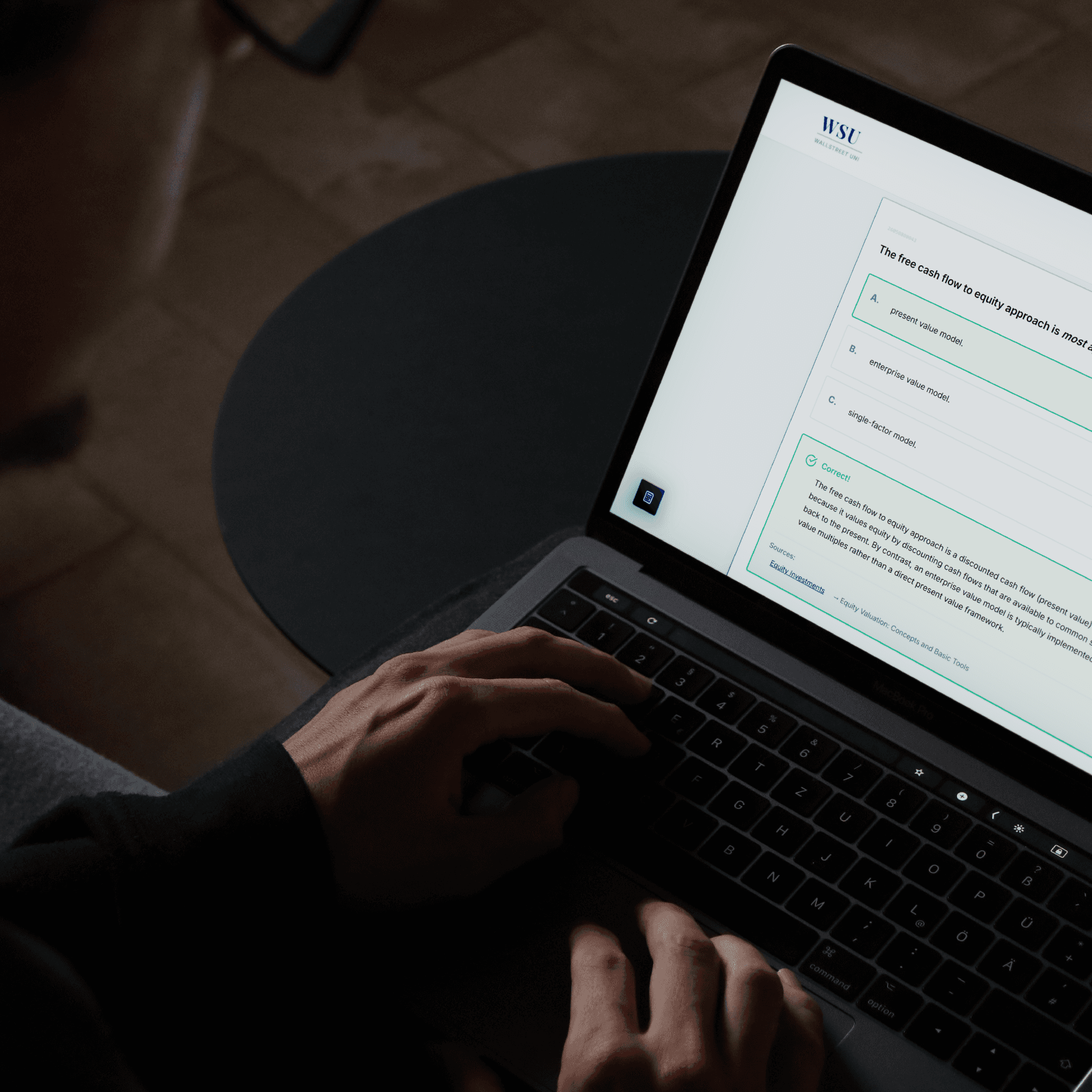 A candidate reading a worked explanation of the free cash flow to equity approach, with the source reading linked beneath the answer