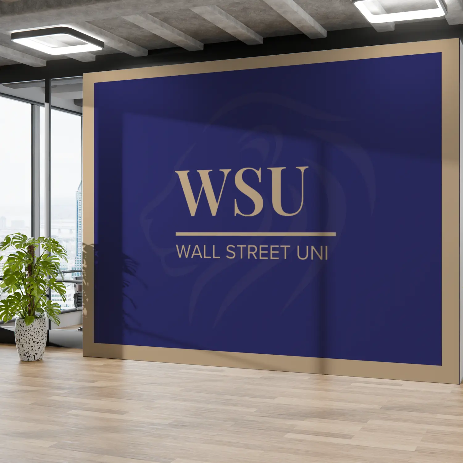 The Wall Street Uni wordmark on an office wall