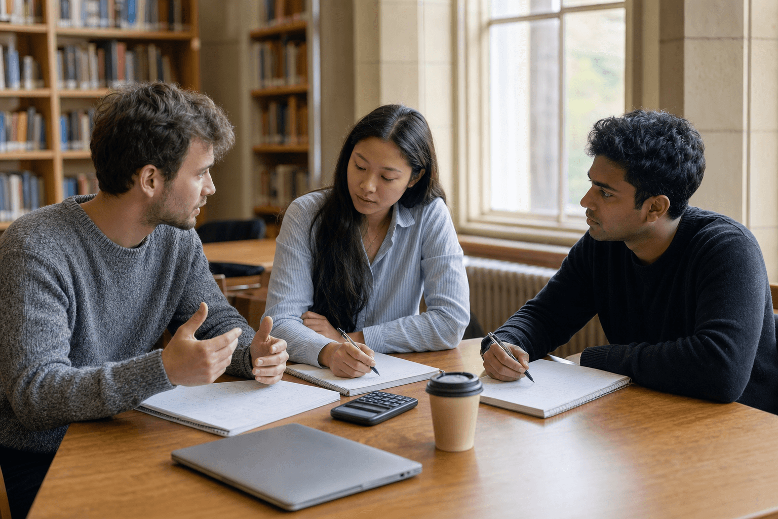 Three candidates working through a problem together at a library table, with notebooks, a calculator and coffee between them