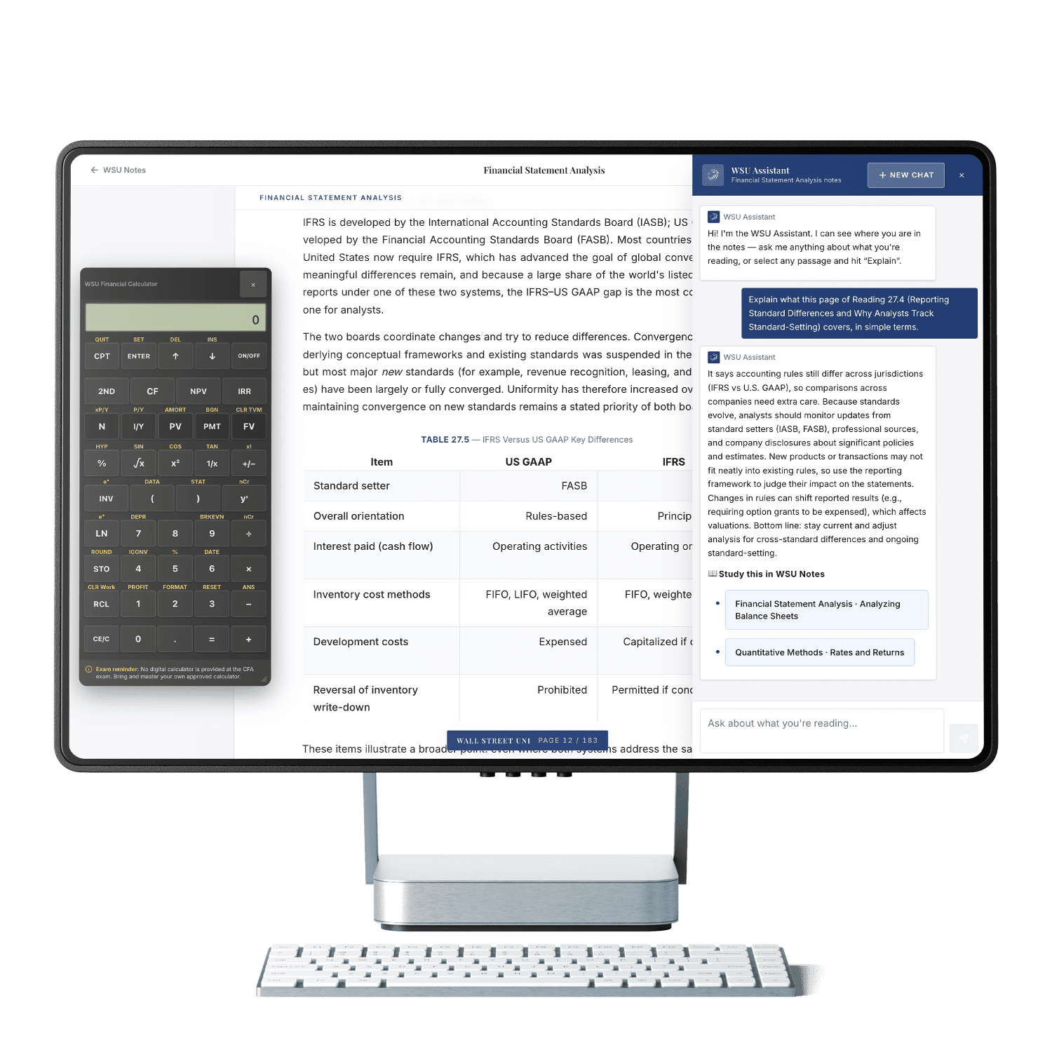 The WSU Notes reader with a passage highlighted and the assistant explaining it alongside the built-in financial calculator