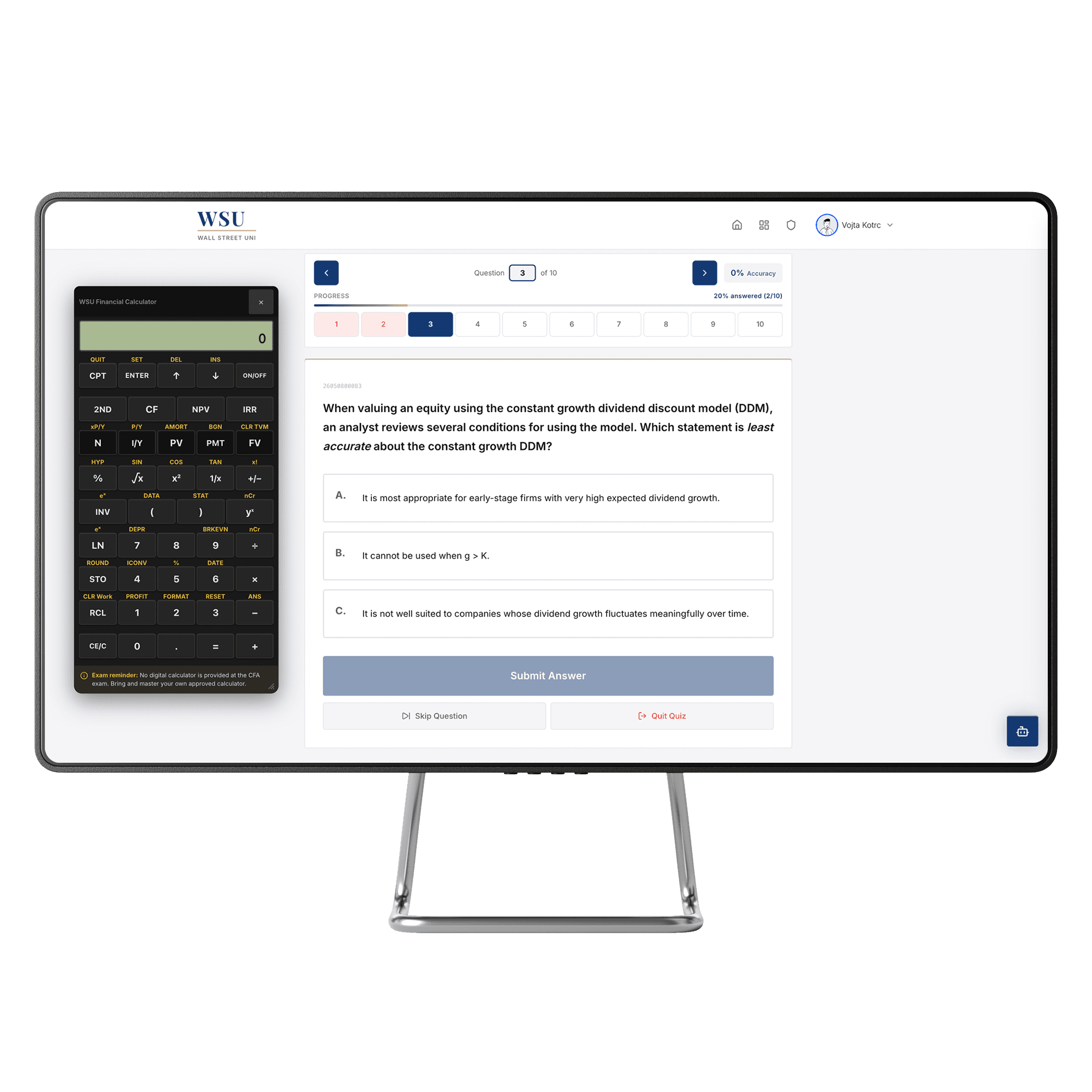 A practice question on equity valuation with three answer options, a progress bar, and the built-in financial calculator open alongside it
